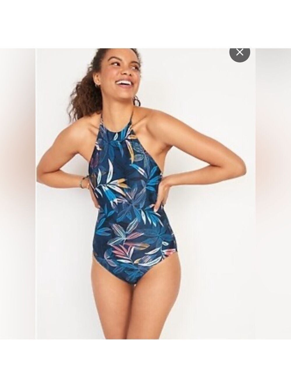 Old Navy Blue Tropical Halter Summer Beachy One Piece Swimsuit New Size L